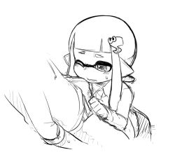 Rule 34 | 1boy, 1girl, blunt bangs, blush, bulge, crotch, erection, erection under clothes, face in crotch, greyscale, hair ornament, hairclip, imminent fellatio, inkling, inkling girl, inkling player character, long hair, mask, monochrome, nervous, nintendo, one eye closed, pointy ears, reki (arequa), sketch, sweatdrop, tentacle hair