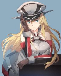 Rule 34 | 1girl, armor, bismarck (kancolle), blonde hair, blue background, blue eyes, breastplate, breasts, brown gloves, cowboy shot, cross, detached sleeves, gloves, hat, iron cross, kantai collection, kasumi (skchkko), large breasts, leaning forward, leaning on table, military, military hat, military uniform, peaked cap, solo, uniform