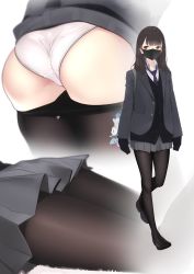 Rule 34 | 1girl, ama mitsuki, ass, bag, bag charm, black cardigan, black footwear, black neckwear, black pantyhose, blazer, blunt bangs, brown eyes, brown hair, cardigan, charm (object), clothes pull, collared shirt, dated, full body, grey jacket, grey skirt, jacket, loafers, long sleeves, looking at viewer, lying, miniskirt, multiple views, necktie, on stomach, open clothes, open jacket, original, panties, pantyhose, pantyhose pull, pleated skirt, school bag, school uniform, shirt, shoes, simple background, skirt, sleeves past fingers, sleeves past wrists, striped, striped neckwear, twitter username, unbuttoned, underwear, undressing, walking, white background, white panties, white shirt