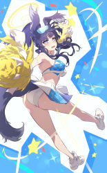 Rule 34 | 1girl, absurdres, animal ears, ass, bare legs, bare shoulders, blue archive, blush, breasts, cheering, cheerleader, crop top, dog ears, dog girl, dog tail, eyewear on head, full body, goggles, goggles on head, halo, hibiki (blue archive), hibiki (cheer squad) (blue archive), highres, holding, holding pom poms, jjjsss, long hair, looking at viewer, medium breasts, millennium cheerleader outfit (blue archive), navel, official alternate costume, open mouth, panties, pom pom (cheerleading), pom poms, purple eyes, purple hair, shoes, skirt, sneakers, solo, star (symbol), star print, star sticker, sticker on arm, sticker on face, sweat, tail, text print, thighs, underwear, wavy mouth, white panties, white skirt, yellow halo