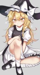 Rule 34 | 1girl, apron, black footwear, black hat, blonde hair, bloomers, blush, bow, braid, breasts, buttons, closed mouth, commentary request, dress, eyes visible through hair, frills, grey background, grey dress, hair between eyes, hair bow, hand on own knee, hand up, hat, hat bow, highres, kirisame marisa, long hair, looking at viewer, medium breasts, puffy short sleeves, puffy sleeves, saki (14793221), shirt, shoes, short sleeves, simple background, single braid, sitting, smile, socks, solo, star (symbol), teeth, touhou, underwear, white apron, white bow, white socks, witch hat, yellow eyes