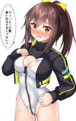 Rule 34 | 1girl, alice gear aegis, black jacket, brown hair, cleavage cutout, clothing cutout, commentary, cowboy shot, frame arms girl, gennai ao, heattech leotard, hero-c-164, highleg, highleg leotard, highres, jacket, leotard, long hair, looking at viewer, open clothes, open jacket, ponytail, red eyes, simple background, solo, translated, turtleneck, white background, white leotard