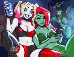Rule 34 | 1boy, 2girls, alcohol, animification, batman (series), beer, blonde hair, blue eyes, blushyspicy, bodysuit, breasts, cellphone, cleavage, colored skin, commentary, crop top, dc comics, english commentary, eye mask, eyeliner, eyeshadow, falling, fingernails, green eyes, green lips, green skin, grin, hand on another&#039;s shoulder, harley quinn, harley quinn (cartoon), kite man, leaning on person, leaning to the side, leggings, lips, looking at viewer, makeup, mask, medium breasts, multicolored hair, multiple girls, nail polish, navel, pale skin, parted bangs, phone, poison ivy, raised eyebrows, red hair, red lips, revision, smile, speech bubble, spread legs, tank top, tripping, white skin