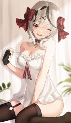 Rule 34 | 1girl, absurdres, bare shoulders, black collar, black gloves, black hair, black thighhighs, blurry, bow, braid, breasts, camisole, cleavage, collar, curtains, depth of field, dot nose, frills, garter straps, gloves, hair bow, hair ornament, heart pendant, highres, hololive, looking at viewer, medium breasts, medium hair, multicolored hair, no pants, o-ring, o-ring legwear, one eye closed, open mouth, plaid, plaid bow, pulling own clothes, red eyes, sakamata chloe, sitting, solo, strap pull, strap slip, streaked hair, teeth, thighhighs, two-tone hair, upper teeth only, uro (sklo6644), virtual youtuber, wariza, white camisole, white hair, x hair ornament
