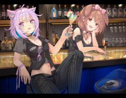 Rule 34 | 2girls, ahoge, alternate costume, animal ear fluff, animal ears, bar (place), bar stool, black collar, black pants, black shirt, breasts, brown eyes, brown hair, cat ears, cat girl, cleavage, cocktail, cocktail glass, collar, counter, cup, dog ears, dog girl, drinking glass, highres, holding, holding cup, hololive, huge filesize, indoors, inugami korone, inugami korone (loungewear), large breasts, long hair, looking at viewer, medium breasts, multiple girls, navel, nekomata okayu, open mouth, pants, purple eyes, purple hair, shirt, short hair, short sleeves, sitting, smile, stool, striped clothes, striped pants, vertical-striped clothes, vertical-striped pants, virtual youtuber, yoshikawa hiro