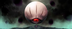 Rule 34 | 1boy, absurdres, black background, black sclera, colored sclera, commentary, disembodied eye, green background, highres, horror (theme), kirby, kirby&#039;s dream land 3, kirby (series), looking at another, mothman (the m0thman), nintendo, red eyes, wide shot, zero (kirby)