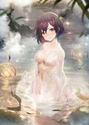 Rule 34 | 1girl, breasts, brown hair, collarbone, hair ornament, highres, japanese clothes, looking at viewer, medium breasts, navel, onsen, open clothes, original, partially submerged, rock, short hair, smile, solo, teddy (khanshin), water, wet, yellow eyes