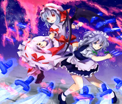 Rule 34 | 2girls, back-to-back, bat wings, blue eyes, blue hair, danmaku, dress, female focus, hair ribbon, hat, highres, izayoi sakuya, knife, maid, maid headdress, makuwauri, multiple girls, outstretched arms, red eyes, remilia scarlet, ribbon, silver hair, smile, spear the gungnir, spread arms, throwing knife, touhou, weapon, wings