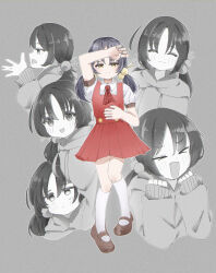 Rule 34 | &gt; &lt;, 1girl, absurdres, ascot, black hair, blush, brown footwear, dress, grey background, hair bobbles, hair ornament, highres, hood, hoodie, inabakumori, ixia559, kaai yuki, monochrome background, multiple views, open mouth, red ascot, red dress, relayouter (vocaloid), short twintails, smile, socks, solo, twintails, vocaloid, white socks, yellow eyes