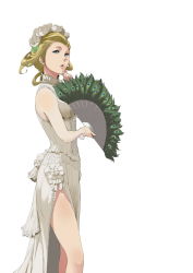 Rule 34 | 1girl, blonde hair, blue eyes, dress, enami katsumi, hand fan, flower, hair flower, hair ornament, hand on own chin, highres, holding, holding fan, long sleeves, peacock feathers, side slit, simple background, solo, white background, white dress