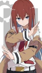 Rule 34 | 1girl, absurdres, belt, black shorts, blue eyes, blush, breasts, brown hair, brown jacket, closed mouth, collared shirt, commentary request, cowboy shot, crossed arms, gears, grey background, hair between eyes, highres, jacket, long hair, long sleeves, looking at viewer, makise kurisu, necktie, off shoulder, open clothes, open jacket, rauto, red necktie, shirt, shirt tucked in, shorts, simple background, small breasts, solo, steins;gate, straight hair, white background, white belt, white shirt, wing collar