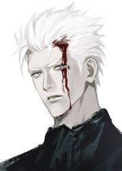 Rule 34 | 1boy, bishounen, blood, blood on face, blue eyes, devil may cry (series), devil may cry 5, llexmatte, looking at viewer, male focus, pale skin, solo, vergil (devil may cry), white hair