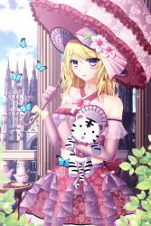 Rule 34 | 1girl, absurdres, bad id, bad pixiv id, bare shoulders, blonde hair, blue sky, blush, bow, breasts, bug, butterfly, castle, character request, cloud, column, cup, dress, elbow gloves, floral print, flower, gloves, hat, hat bow, hat flower, highres, holding, holding stuffed toy, insect, looking at viewer, medium breasts, p mayuhime, parasol, pillar, plant, purple eyes, purple gloves, purple hat, railing, sky, solo, standing, stuffed animal, stuffed toy, sword girls, table, teacup, teapot, umbrella