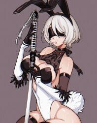 Rule 34 | 1girl, 2b (nier:automata), abottleofstars, adapted costume, animal ears, black thighhighs, blindfold, blush, boots, breasts, cleavage, commentary, cropped legs, facing viewer, grey hair, holding, holding sword, holding weapon, juliet sleeves, katana, large breasts, leotard, long sleeves, mole, mole under mouth, nier:automata, nier (series), playboy bunny, puffy sleeves, rabbit ears, rabbit tail, short hair, shrug (clothing), simple background, sitting, solo, sword, tail, thigh boots, thighhighs, weapon, white background