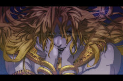 Rule 34 | 1boy, bare shoulders, bracelet, character name, collar, colored skin, dio brando, facial mark, hands on own cheeks, hands on own face, heaven ascended dio, highres, jewelry, jojo no kimyou na bouken, jojo no kimyou na bouken: eyes of heaven, letterboxed, long hair, purple skin, solo, vm (as92402)