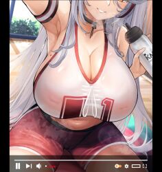 arm_out_of_frame armpits azur_lane belly black_collar blush bottle breast_focus breasts cameltoe cleavage collar fake_video head_out_of_frame highres huge_breasts knees_out_of_frame livestream long_hair mole mole_on_breast pause_button prinz_eugen_(azur_lane) recording red_shorts see-through_clothes see-through_shirt shirt shorts sideboob sitting smile sports_bottle sports_bra sportswear steam steaming_body sweat viewfinder water_bottle white_hair white_sports_bra yusha_m