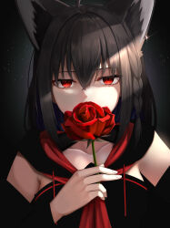 Rule 34 | 1girl, absurdres, ahoge, animal ear fluff, animal ears, black hair, black sailor collar, blank stare, braid, collarbone, detached sleeves, earrings, expressionless, flower, flower to mouth, fox ears, glint, hair between eyes, highres, holding, holding flower, hololive, jewelry, jitome, kurokami fubuki, light particles, long hair, looking at viewer, micon, neckerchief, red eyes, red flower, red neckerchief, red rose, rose, sailor collar, side braid, sidelocks, single earring, solo, staring, straight-on, upper body, virtual youtuber