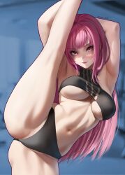 Rule 34 | 1girl, absurdres, armpits, arms up, artist name, bare arms, bare legs, black panties, black sports bra, blunt bangs, blurry, blurry background, breasts, closed mouth, commentary, eyelashes, gym, highres, hololive, hololive english, large breasts, lazik 1337, leg up, legs, lips, long hair, looking at viewer, midriff, mori calliope, navel, nose, panties, pink eyes, pink hair, pink lips, smile, solo, sports bra, standing, standing on one leg, stomach, thighs, twitter username, underboob, underwear, virtual youtuber