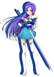Rule 34 | 1girl, absurdres, aono miki, armor, blue eyes, blue hairband, blue shirt, blue skirt, boots, closed mouth, cosplay, floating hair, fresh precure!, full body, hairband, hand on own hip, highres, holding, holding sword, holding weapon, long hair, long sleeves, looking at viewer, magic knight rayearth, miniskirt, nita (onakatohoppe), parted bangs, pleated skirt, precure, purple hair, ryuuzaki umi, ryuuzaki umi (cosplay), shirt, shoulder armor, simple background, skirt, smile, solo, standing, sword, thigh boots, thighhighs, very long hair, weapon, white background, white footwear, zettai ryouiki