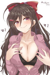 Rule 34 | 1girl, black bra, blush, bow, bra, breasts, brown hair, chamumi (mochiumee), collarbone, grabbing own breast, hair bow, hair ornament, hair ribbon, hairclip, kantai collection, large breasts, long hair, looking at viewer, mamiya (kancolle), open clothes, open shirt, ribbon, simple background, smile, solo, underwear, upper body, white background