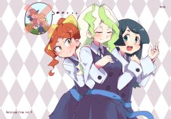 Rule 34 | 3girls, :d, aqua eyes, barbara parker, black hair, bow, brown eyes, brown hair, checkered background, collared shirt, cowboy shot, diana cavendish, closed eyes, hair bow, hands on shoulders, hannah england, hys-d, kagari atsuko, light green hair, little witch academia, long hair, long sleeves, multicolored hair, multiple girls, open mouth, ponytail, shirt, smile, thought bubble, two-tone hair, white shirt, yellow bow