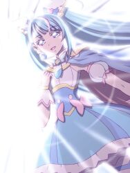 Rule 34 | 1girl, backlighting, blue cape, blue dress, blue eyes, blue hair, bow, brooch, cape, commentary, cowboy shot, cure sky, cut bangs, detached sleeves, dress, dress bow, dutch angle, earrings, frilled dress, frills, gloves, half-closed eyes, hand on own chest, hirogaru sky! precure, jewelry, long hair, looking at viewer, magical girl, moritakusan, multicolored hair, open mouth, pink bow, pink hair, precure, puffy detached sleeves, puffy sleeves, red cape, short dress, simple background, single sidelock, sleeveless, sleeveless dress, smile, solo, sora harewataru, standing, streaked hair, thighhighs, twintails, two-sided cape, two-sided fabric, two-tone dress, two-tone hair, very long hair, white background, white dress, white gloves, white thighhighs, wing brooch, wing hair ornament