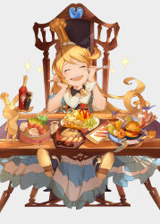 Rule 34 | 1girl, absurdres, blonde hair, blush stickers, burger, chair, charlotta (granblue fantasy), clearhand, cup, dress, drinking glass, drinking straw, food, full mouth, granblue fantasy, happy, harvin, highres, huge filesize, long hair, mini flag, omelet, omurice, pointy ears, solo, spoon, table