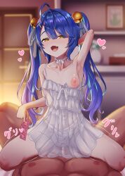 Rule 34 | 1boy, 1girl, :d, absurdres, ahoge, amamiya kokoro, arm behind head, armpits, bar censor, bell, blue hair, blush, breasts, censored, condom, condom packet strip, condom wrapper, cowgirl position, crotchless, crotchless panties, eromegane3103, fang, girl on top, hair bell, hair ornament, heart, hetero, highres, long hair, looking at viewer, navel, nijisanji, nipples, one breast out, open mouth, panties, pov, see-through, sex, sitting, sitting on person, skin fang, small breasts, smile, straddling, tongue, twintails, underwear, vaginal, virtual youtuber, white panties, yellow eyes