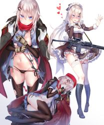 Rule 34 | 1girl, 9a-91, 9a-91 (bullets cafe) (girls&#039; frontline), 9a-91 (girls&#039; frontline), absurdres, alternate costume, apron, beret, black panties, blue eyes, blush, boots, breasts, closed eyes, closed mouth, commander (girls&#039; frontline), covered erect nipples, covering privates, dirty, dirty face, dress, frilled dress, frills, garter straps, girls&#039; frontline, gloves, gradient background, griffin &amp; kryuger military uniform, gun, hair ornament, hairclip, hat, heart, heart-shaped pupils, highres, jacket, jacket on shoulders, juliet sleeves, knee boots, long hair, long sleeves, lying, maid, maid headdress, multiple views, on side, open mouth, out of frame, panties, pottsness, puffy sleeves, red headwear, red jacket, side-tie panties, silver hair, simple background, standing, symbol-shaped pupils, thighhighs, torn clothes, underwear, waist apron, weapon, white apron, white thighhighs
