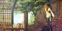 Rule 34 | 1girl, bad id, bad pixiv id, brown eyes, brown hair, cloud, cup, day, female focus, long hair, nature, original, overgrown, plant, ruins, sky, solo, stained glass, table, teacup, tree, window, yoshidaworks