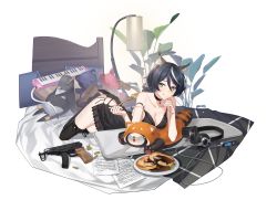 Rule 34 | 1girl, :q, absurdres, animal ears, bare shoulders, black hair, breasts, bullet, cleavage, collarbone, counter:side, double bass, food, fork, green eyes, gun, headphones, highres, holding, holding fork, instrument, keyboard (instrument), medium breasts, official alternate costume, official art, revenant (counter:side), solo, stuffed animal, stuffed raccoon, stuffed toy, tongue, tongue out, transparent background, violin, weapon