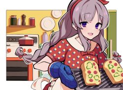 Rule 34 | 1girl, apron, baking sheet, bell pepper, bell pepper slice, blouse, border, bottle, bow, braid, bread, bread slice, character request, check character, commentary request, croquette, food, food request, grey hair, hair bow, hairband, highres, idolmaster, idolmaster shiny colors, indoors, kitchen, long hair, looking at viewer, open mouth, outside border, oven, oven mitts, pepper shaker, plate, pot, purple eyes, red bow, red hairband, red shirt, salt shaker, shirt, smile, solo, toast, twin braids, uhouhogorigori, white border, yukoku kiriko