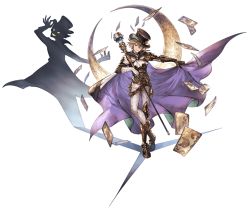 Rule 34 | 10s, 1boy, ascot, blonde hair, boots, brown footwear, cape, card, crescent moon, different shadow, earrings, full body, gloves, granblue fantasy, hat, jewelry, kaitou chat noir, male focus, minaba hideo, monocle, moon, official art, shadow, single earring, smile, solo, staff, top hat, transparent background, white gloves