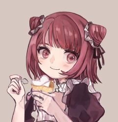 Rule 34 | 1girl, arima kana, bob cut, closed mouth, food, grey background, hair tie, highres, holding, holding spoon, ice cream, inverted bob, light blush, looking at viewer, maid, oshi no ko, red eyes, red hair, shina (shiina tsuushin), short hair, simple background, smile, spoon, upper body