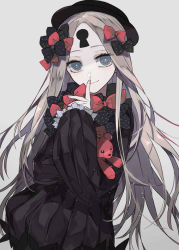 Rule 34 | 1girl, abigail williams (fate), black dress, black hat, blonde hair, blue eyes, bow, dress, ebanoniwa, facial mark, fate/grand order, fate (series), finger to mouth, forehead mark, grey background, hair bow, hand up, hat, jpeg artifacts, long hair, long sleeves, looking at viewer, multiple hair bows, parted bangs, shushing, simple background, smile, solo, stuffed animal, stuffed toy, teddy bear