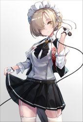 Rule 34 | 1girl, azur lane, belt, black neckerchief, black skirt, braid, cable, closed mouth, clothes lift, collared shirt, commentary request, cowboy shot, fingerless gloves, french braid, frown, garter straps, gloves, grey background, hair over one eye, head tilt, highres, holding, holding microphone, lifting own clothes, looking at viewer, maid headdress, microphone, neckerchief, platinum blonde hair, pleated skirt, sheffield (azur lane), sheffield (muse) (azur lane), shirt, simple background, skirt, skirt lift, solo, standing, swept bangs, thighhighs, white gloves, white shirt, white thighhighs, yellow eyes, yu ni t