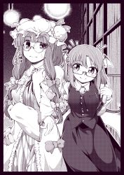 Rule 34 | 0-den, 2girls, absurdres, arm under breasts, bat wings, bespectacled, blunt bangs, blush, book, bookshelf, bow, breast pocket, breasts, buttons, capelet, center frills, closed mouth, cowboy shot, crescent, crescent hat ornament, frilled shirt collar, frills, glasses, greyscale, hair bow, hair ribbon, hand up, hat, hat ornament, head wings, highres, holding, holding book, indoors, koakuma, large breasts, library, light bulb, long sleeves, looking at another, low wings, medium breasts, mirror, mob cap, monochrome, multi-tied hair, multiple girls, notice lines, outline, patchouli knowledge, pen in pocket, pocket, purple theme, ribbon, round eyewear, semi-rimless eyewear, skirt, smile, sweatdrop, touhou, translation request, tress ribbon, vest, walking, wavy mouth, white outline, wide sleeves, wing collar, wings