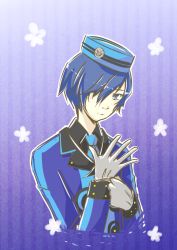 Rule 34 | 1boy, atlus, blue eyes, blue hair, cosplay, gloves, hair over one eye, hat, male focus, matching hair/eyes, persona, persona 3, persona 3 portable, purple background, short hair, solo, teodor (cosplay), theodore (persona), yuuki makoto (persona 3)