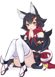Rule 34 | 1girl, absurdres, alternate costume, animal ear fluff, animal ears, black hair, black shirt, black skirt, closed mouth, detached sleeves, highres, hololive, knees up, long hair, looking at viewer, multicolored hair, ninja, ookami mio, ookami mio (1st costume), own hands together, red scarf, sandals, scarf, shirt, sitting, skirt, solo, streaked hair, tail, thighhighs, virtual youtuber, white thighhighs, wolf ears, wolf tail, yamabuki7979, yellow eyes
