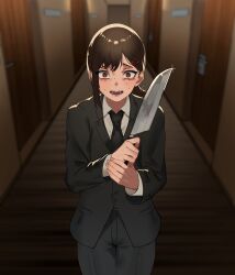 Rule 34 | 1girl, bad id, bad twitter id, black hair, black necktie, black pants, business suit, chainsaw man, door, formal, hair ornament, hairclip, higashiyama kobeni, highres, holding, holding knife, knife, long sleeves, looking at viewer, mole, mole under eye, necktie, open mouth, pants, ponytail, riu lico, scared, solo, standing, suit, sweat, teeth, wide-eyed