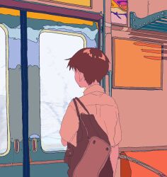 1boy a12740807 bag black_bag brown_hair collared_shirt commentary from_behind highres ikari_shinji male_focus neon_genesis_evangelion shirt short_hair shoulder_bag sliding_doors solo standing symbol-only_commentary train train_interior white_shirt window