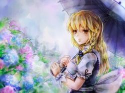Rule 34 | 1girl, apron, black dress, blonde hair, blouse, blue flower, blush, bow, braid, breasts, brown eyes, cleavage cutout, clothing cutout, commentary request, cookie (touhou), day, dress, flower, frilled shirt, frills, hair bow, holding, holding umbrella, hydrangea, ketsuholdes, kirisame marisa, large bow, long hair, looking at viewer, mars (cookie), medium breasts, no headwear, outdoors, painterly, parted lips, pink flower, puffy short sleeves, puffy sleeves, purple bow, rain, shirt, short sleeves, single braid, solo, standing, touhou, umbrella, upper body, white apron, white bow, white shirt