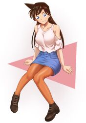 Rule 34 | 1girl, alternate costume, bare shoulders, blue eyes, breasts, brown hair, brown pantyhose, closed mouth, collarbone, denim, denim skirt, grey background, highres, invisible chair, large breasts, meitantei conan, mouri ran, pantyhose, pink background, shiny clothes, shoes, short sleeves, sitting, skirt, smile, tanjunde