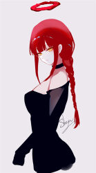 Rule 34 | 1girl, artist name, bare shoulders, black choker, braid, chainsaw man, choker, commentary request, dress, grey background, halo, long braid, long hair, long sleeves, looking at viewer, makima (chainsaw man), off-shoulder dress, off shoulder, red hair, sheya, signature, simple background, smile, solo, upper body, yellow eyes