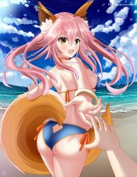 Rule 34 | 1girl, animal ears, ass, ass cutout, beach, bikini, blue bikini, breasts, butt crack, clothing cutout, cowboy shot, dress, duplicate, fate/grand order, fate (series), floating hair, fox ears, fox girl, fox tail, from behind, helvetica std, highres, large breasts, long hair, looking at viewer, looking back, ocean, orange eyes, pink dress, pov, pov hands, shiny clothes, shiny skin, shoulder blades, sideboob, sky, smile, solo focus, swimsuit, tail, tamamo (fate), tamamo no mae (fate/extra)