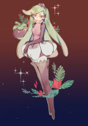 Rule 34 | 1girl, absurdres, blush, bounsweet, bright pupils, closed mouth, creatures (company), crown, eyelashes, eyeshadow, flower, full body, game freak, gen 7 pokemon, gradient background, green hair, highres, kosuke (pixiv6020583), leaf, long hair, makeup, mini crown, nintendo, outline, personification, pokemon, pokemon (creature), pokemon sm, purple thighhighs, red eyes, solo, sparkle, star (sky), thighhighs, tri tails, tsareena, very long hair, zettai ryouiki