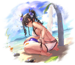 Rule 34 | 1girl, absurdres, ass, ball, barefoot, beachball, bikini, black hair, blush, breasts, butt crack, curly hair, flower, hair between eyes, hair flower, hair ornament, highres, huge filesize, large breasts, looking at viewer, looking back, manichi, medium hair, mole, mole under mouth, original, outdoors, shiny skin, shoes, unworn shoes, sidelocks, smile, soles, swimsuit, twintails, wet, white bikini, wristband