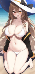 Rule 34 | 1girl, beach, bikini, black jacket, breasts, brown hair, cleavage, collarbone, fang, girls&#039; frontline, harenchi, hat, highres, jacket, jacket partially removed, kneeling, large breasts, long hair, looking at viewer, m37 (girls&#039; frontline), m37 (summer parader) (girls&#039; frontline), navel, outdoors, skin fang, skindentation, solo, sun hat, sweatdrop, swimsuit, thigh gap, very long hair, white bikini