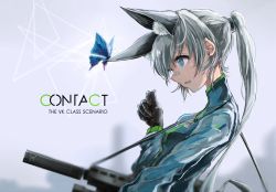 Rule 34 | 1girl, animal ears, assault rifle, bad id, bad pixiv id, bandaid, bandaid on face, bandaid on nose, black gloves, blue eyes, blurry, bug, butterfly, depth of field, from side, gloves, grey hair, gun, gun sling, h&amp;k g36, hair between eyes, insect, jacket, long hair, original, parted lips, profile, rifle, sidelocks, smile, solo, suppressor, swav, tosk (swav-coco), upper body, very long hair, weapon