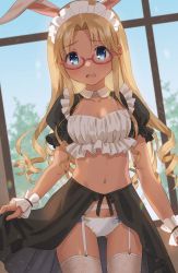 Rule 34 | 1girl, alternate costume, animal ears, black skirt, black sleeves, blonde hair, blue eyes, breasts, cleavage, clothes lift, curly hair, enmaided, garter belt, garter straps, glasses, gluteal fold, highres, indoors, lifted by self, long hair, maid, maid headdress, midriff, navel, open mouth, original, panties, rabbit ears, rabbit girl, shirt, short sleeves, showgirl skirt, skirt, skirt lift, solo, thigh gap, thighhighs, thighs, underwear, white panties, white shirt, white thighhighs, window, yupi mild